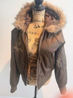 Vintage Y2K Baby Phat Brown Bomber Jacket Faux Fur Hood Rhinestone Cat Size M/L